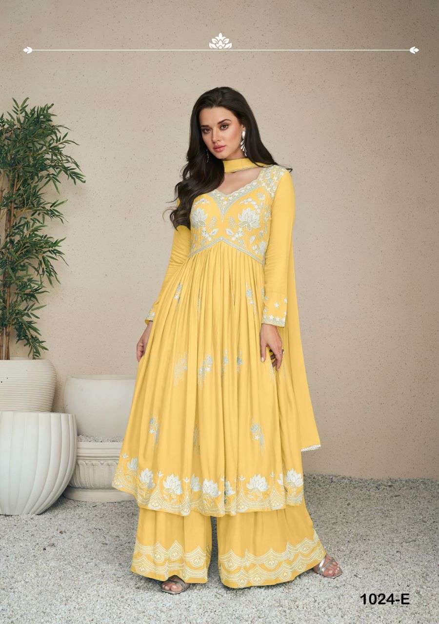 LAKHNAVI VOL 5 LIGHT COLOR HEAVY REYON LAKHNAQI WORK NAYRA CUT KURTI WITH PLAZZO AND NAZMIN DUPATTA BT VAMIKA BRAND 1005